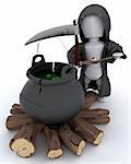 3D render of grim reaper with cauldron of eyeballs on log fire