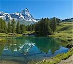 the Matterhorn reflected in the clear waters of blue lake, Valtournenche - Aosta Valley