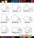 Cartoon Coloring Book or Page Illustration of Basic Geometric Shapes with Captions and Animals Comic Characters for Children Education