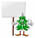 Illustration of a smiling cartoon Christmas tree character holding a sign