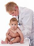 female doctor checking a baby on white isolated background