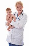 female doctor holding a baby on white isolated background