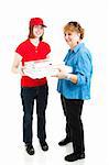Teenage delivery girl brings pizza to a customer.  Full body isolated on white.