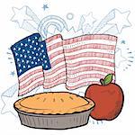 Doodle style apple pie with colorful American flag sketch in vector format