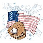 Doodle style baseball glove in front of colorful American flag sketch in vector format