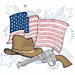 Doodle style American cowboy or Wild West objects in front of an American flag background