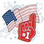 Doodle style foam finger that says #1 in front of a patriotic America flag background