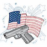 Doodle style Second Amendment handgun or pistol illustration on a patriotic American flag background. American love for guns.
