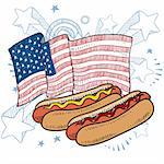 Doodle style hot dog with bun and condiments in front of a colorful American flag sketch in vector format