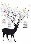 Deer with colorful birds and birdcages, vector background illustration