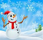 Christmas Snowman standing in a winter landscape with snowflakes and Christmas trees