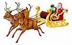 Illustration of Santa in his Christmas sled being pulled by reindeer