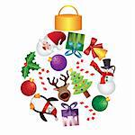 Christmas Tree Ornaments Collage mit Rentier Santa Schneemann Pinguin Candy Cane Holly und Geschenke Illustration