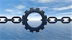 gear wheel as piece of a chain in water landscape - 3d illustration