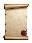 Scroll of old paper with curled edges and wax seal isolated on white