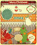 Old Christmas postcard with Santa Claus, snowman and Christmas decorations on a Vintage background. Vector illustration.