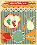 Old Christmas postcard with snowman and Christmas socks on a Vintage background. Vector illustration.