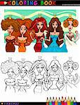 Coloring Book or Page Cartoon Illustration of Five Princesses or Queens Fairytale Characters