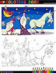 Coloring Book or Page Cartoon Illustration of Wizard and Dwarf and Unicorn Fairytale Characters