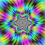 Digital abstract image with an exploding star design in blue, green, pink, yellow and turquoise.