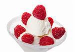 Ice Cream with Raspberries, isolated on white, closeup