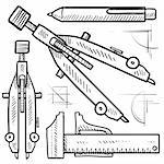 Doodle style drafting tools sketch in vector format. Set includes compass, dividers, mechanical pencil, and ruler.