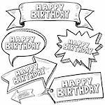 Doodle style Happy Birthday message tags, labels, banners and arrows in vector format. Can be used as an overlay, as background, or for a sticker effect on web or print materials.