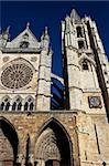 Central facade, tower and rose window of the cathedral of Leon, Castilla y Leon, Spain.