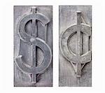 dollar and cent  -isolated symbols in vintage grunge metal letterpress printing blocks