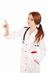 Young female doctor touchung virtual screen. Isolated over white background