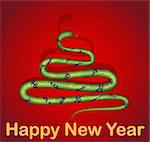 Gift card with Happy New Year words and snake like Chiristmas tree. Vector illustration