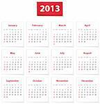 Red calendar for 2013 year in English. Vector illustration