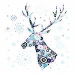 Winter card with decorative deer head on a white background with snowflakes