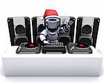 3D render of a Christmas Robot  DJ mixing records on turntables