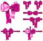 Pink gift ribbon and bow set for decorations on white background. Vector