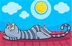 Cartoon Illustration of Funny Tabby Cat Sleeping on the Roof in the Sun