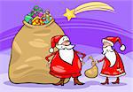 Cartoon Illustration of Funny Santa Claus or Papa Noel with Huge Sack Full of Christmas Presents and another Santa holding Very Small one