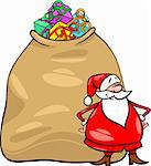 Cartoon Illustration of Funny Santa Claus or Papa Noel with Huge Sack Full of Christmas Presents