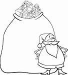 Cartoon Illustration of Funny Santa Claus or Papa Noel with Huge Sack Full of Christmas Presents for Coloring Book