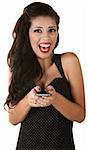 Overjoyed Hispanic woman holding telephone over white background
