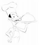 A black and white illustration of a chef holding a silver platter or cloche