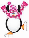 Christmas Penguin with Pink Hat and Scarf Ice Skating Doing the Pirouette Illustration