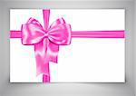 Gift card with luxurious pink bow on gray background. Ribbon. Vector illustration