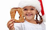 Merry christmas with plenty of food - child holding bread slice, isolated