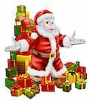 An Illustration of Santa Claus with a big stack of Christmas Gifts behind him
