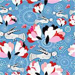 Seamless floral pattern with birds on a blue background