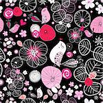 Seamless bright pink floral pattern with birds on a black background
