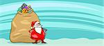 Greeting Card Cartoon Illustration of Santa Claus or Papa Noel with Big Sack full of Christmas Presents