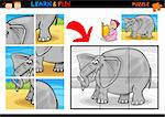 Cartoon Illustration of Education Puzzle Game for Preschool Children with Funny Elephant Animal