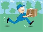Vector illustration of funny cartoon courier delivering package box.